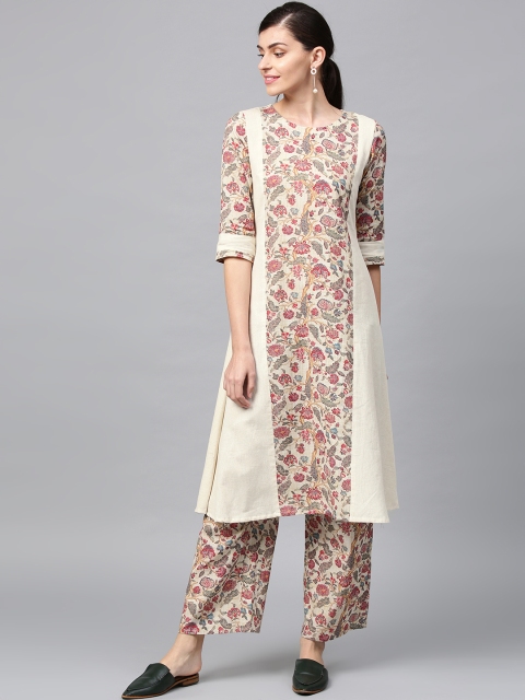 

ZIYAA Women Off-White & Red Printed A-Line Cotton Silk Kurta