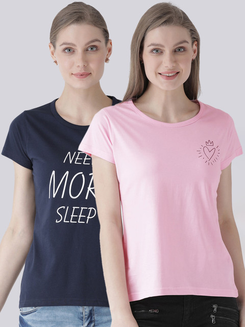 

GRIFFEL Women Pack of Two Navy & Pink Blue Printed Round Neck T-shirt, Navy blue