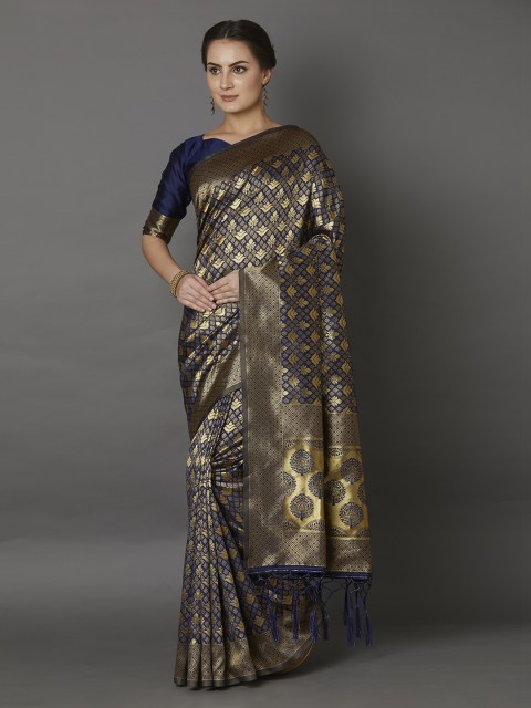 

Mitera Navy Blue & Gold-Coloured Silk Blend Woven Design Banarasi Saree