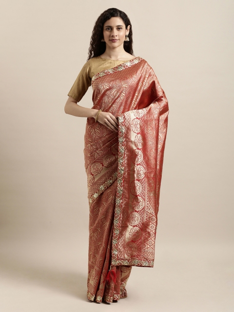 

Mitera Rust Red & Gold-Coloured Poly Silk Embroidered Banarasi Saree