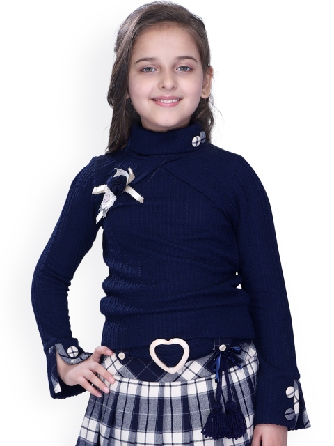 

CUTECUMBER Girls Navy Blue Solid Top with Applique Detail