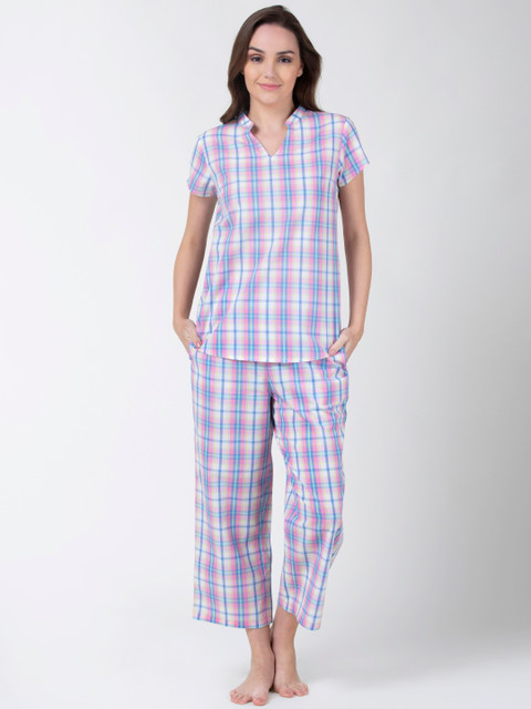 

ADORENITE Women Lavender & White Checked Night suit