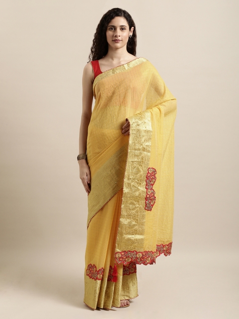 

Mitera Yellow & Gold-Toned Checked Poly Silk Saree