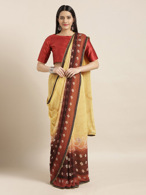 

Mitera Yellow & Red Poly Georgette Colourblocked Saree