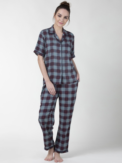 

ADORENITE Women Blue & Red Checked Night suit