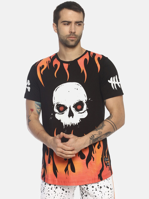 

KULTPRIT Men Black & Peach-Coloured Printed Round Neck Slim Fit T-shirt
