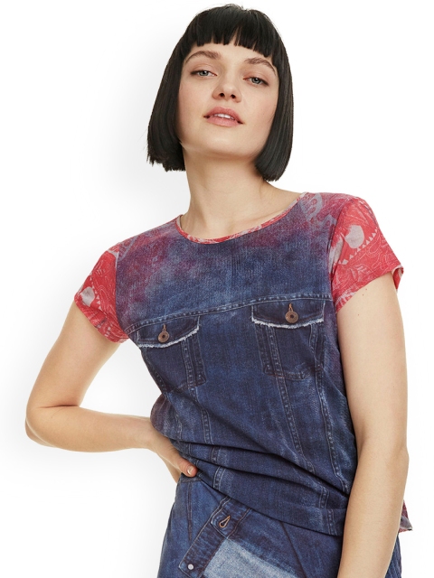 

Desigual Women Blue Printed Round Neck T-shirt
