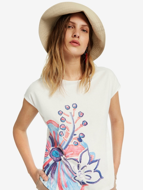 

Desigual Women White Printed Round Neck T-shirt
