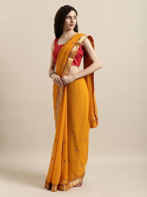 

Mitera Yellow & Gold-Coloured Poly Chiffon Embroidered Saree