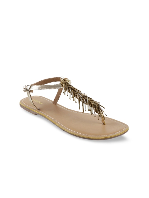 

Mochi Women Gold-Toned Embellished T-Strap Flats