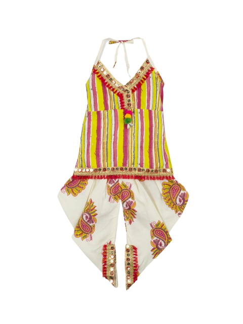 

KID1 Girls Yellow & Pink Striped Kurta with White Printed Patiala