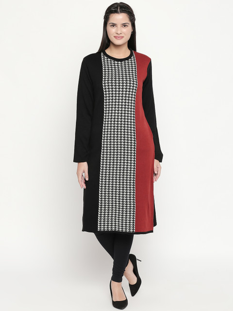 

RANGMANCH BY PANTALOONS Women Rust & Black Woven Design Straight Kurta