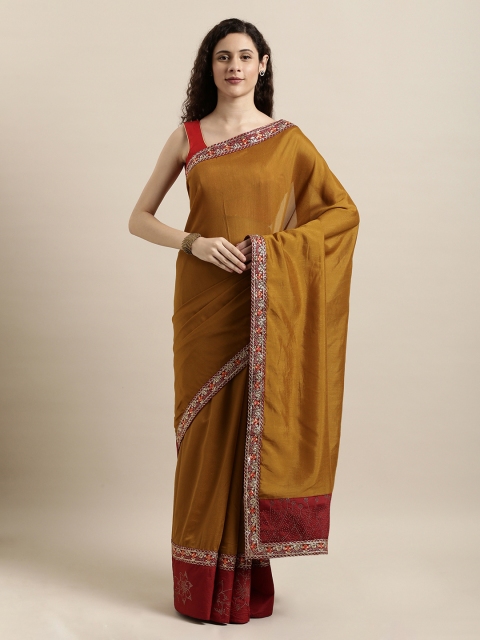 

Mitera Olive Brown Solid Poly Silk Saree