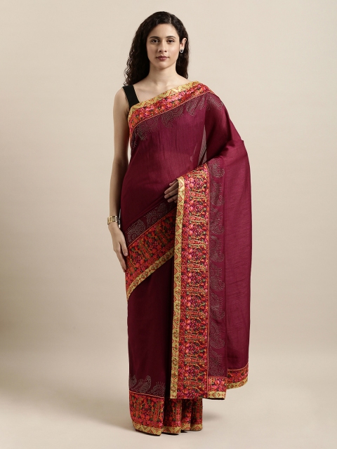 

Mitera Burgundy & Yellow Poly Silk Embroidered Saree
