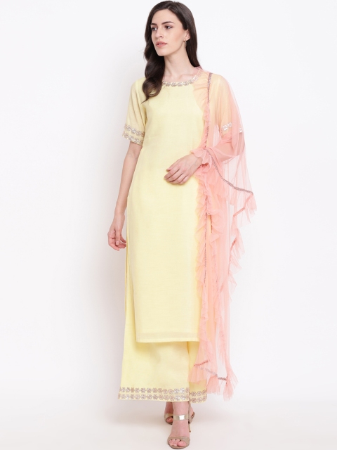 

Shakumbhari Women Yellow & Pink Embroidered Kurta with Palazzos & Dupatta