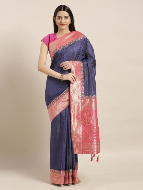 

Mitera Navy Blue & Pink Solid Poly Silk Saree