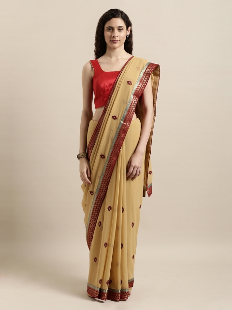 

Mitera Beige & Red Poly Chiffon Embroidered Saree