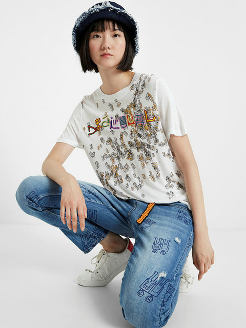 

Desigual Women White Printed Round Neck T-shirt