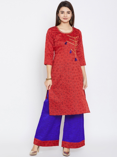 AgrohA Women Red & Blue Printed Kurta with Palazzos