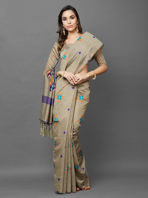 Mitera Beige Silk Blend Printed Khadi Saree