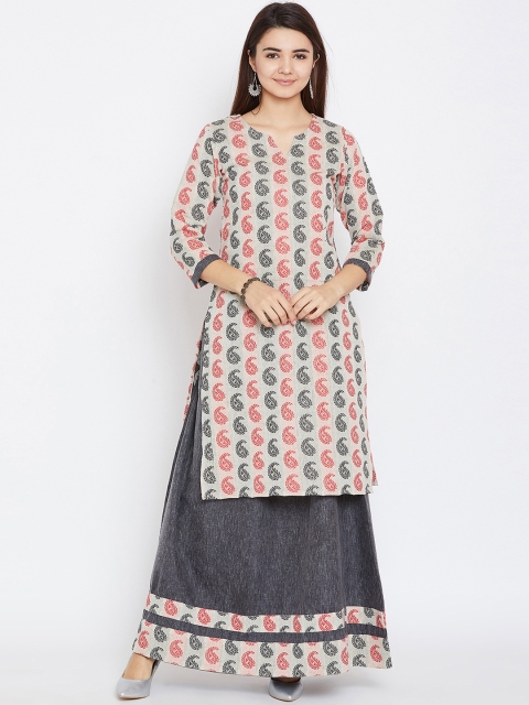 

AgrohA Women Red & Charcoal Grey Printed Kurta with Skirt