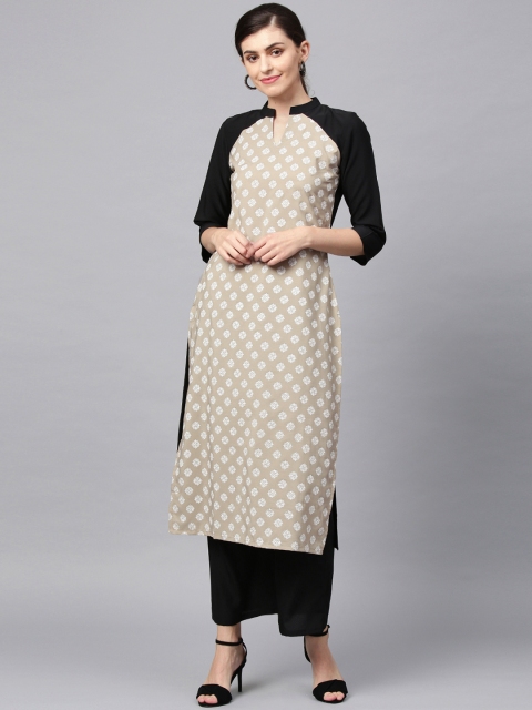 

ZIYAA Women Beige & Black Printed Straight Kurta
