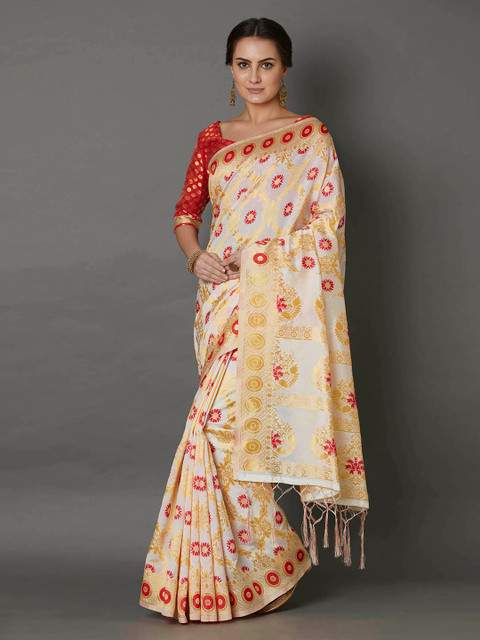 

Mitera White & Red Silk Blend Woven Design Kasavu Saree