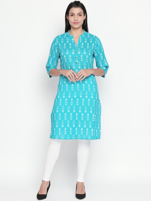 

RANGMANCH BY PANTALOONS Women Turquoise Blue & White Printed Straight Kurta