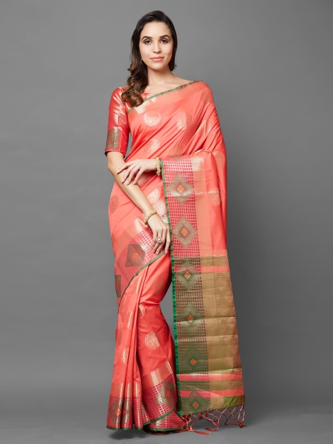 

Mitera Peach-Coloured & Olive Green Silk Blend Woven Design Banarasi Saree