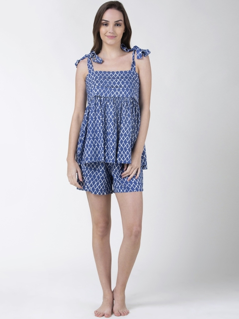 

ADORENITE Women Blue & White Printed Night Suit With Gathered Deatil