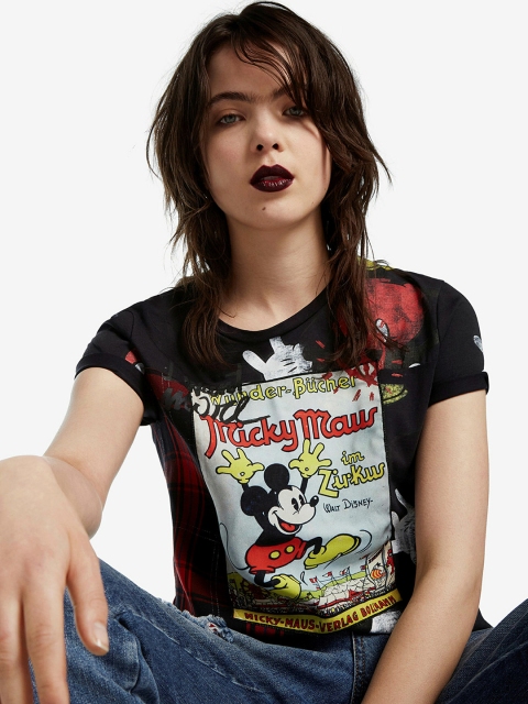 

Desigual Women Black & Red Printed Round Neck T-shirt