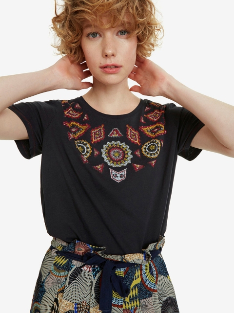 

Desigual Women Black Printed Round Neck T-shirt