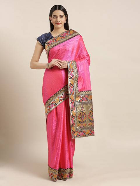 

Mitera Pink & Navy Blue Embellished Poly Silk Embellished Saree