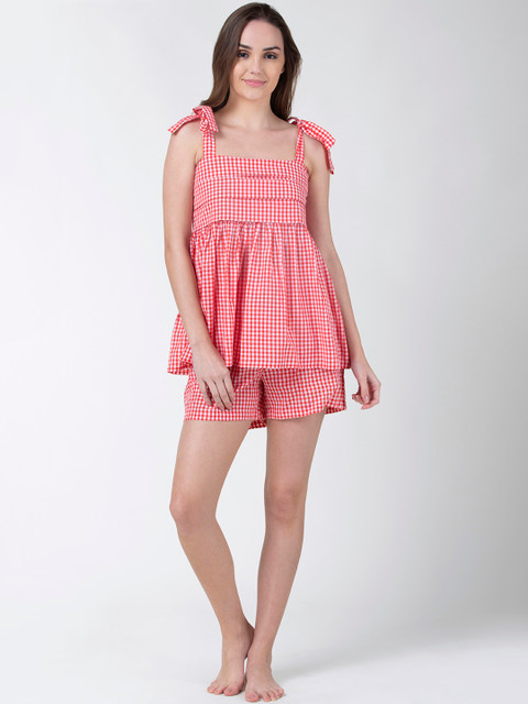 

ADORENITE Women Red & White Gingham Check Top and Shorts Night suit
