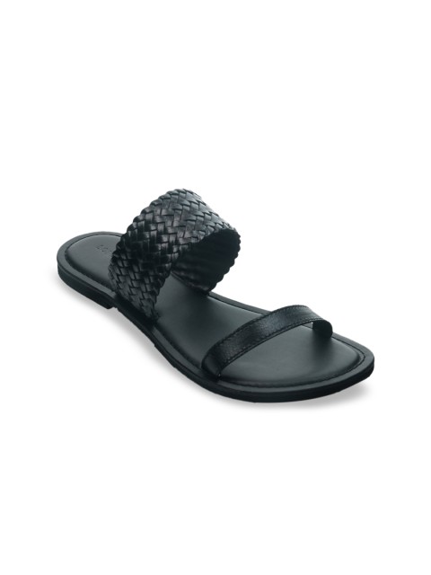 

London Rag Women Black Woven Design Leather Open Toe Flats