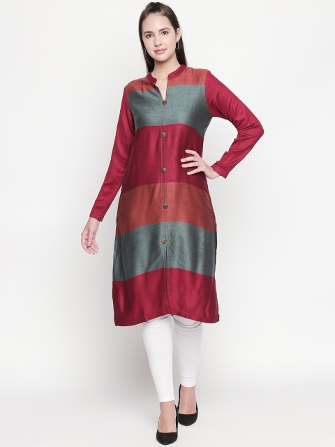 

RANGMANCH BY PANTALOONS Women Maroon & Grey Colourblocked Straight Kurta