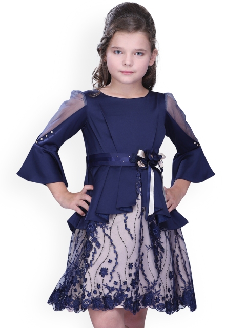 

CUTECUMBER Girls Self Design Navy Blue Fit and Flare Dress