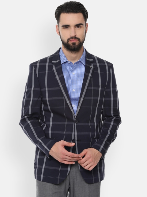 

Van Heusen Men Navy Blue Checked Slim-Fit Single-Breasted Blazer