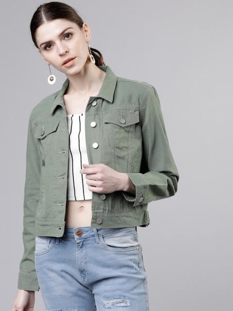 Women Olive Green Solid Denim Jacket