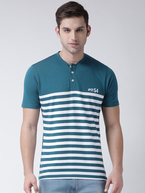 

Club York Men Teal Green & White Striped Henley Neck T-shirt