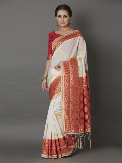 

Mitera White & Red Silk Blend Printed Kasavu Saree