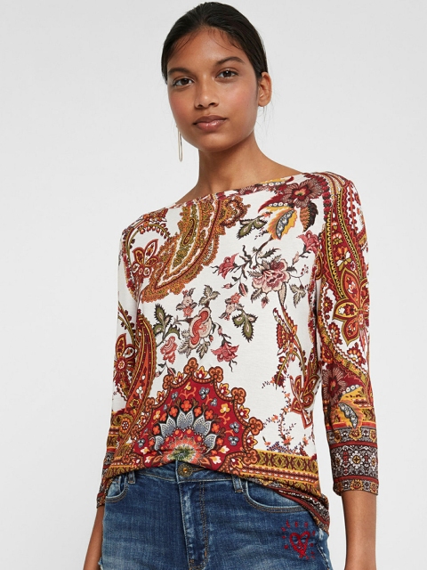 

Desigual Women White Printed Boat Neck T-shirt