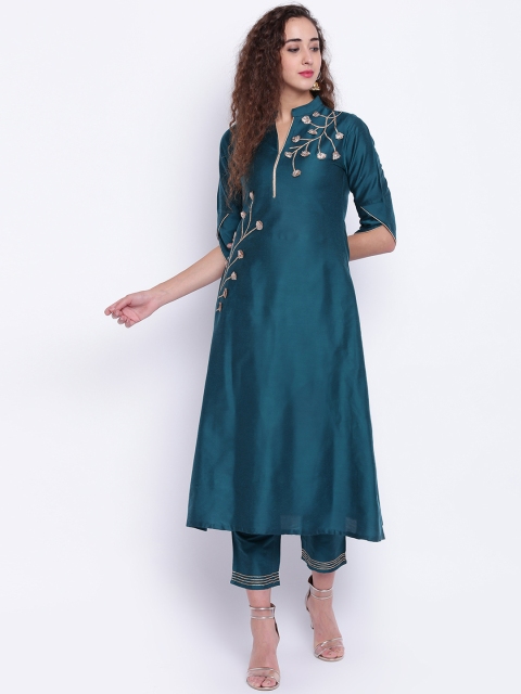 

Shakumbhari Women Teal Green Embroidered Kurta with Trousers