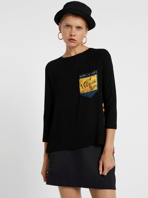 

Desigual Women Black Printed Round Neck T-shirt