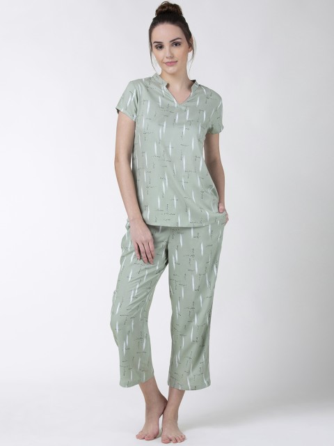 

ADORENITE Women Olive Green Printed Night suit