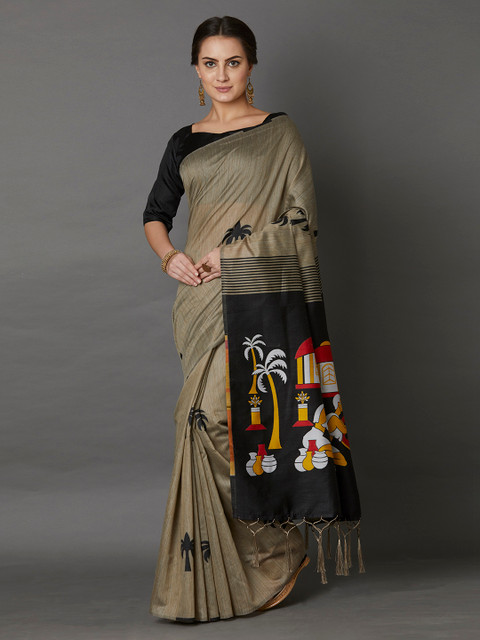 

Mitera Beige & Black Silk Blend Woven Design Saree