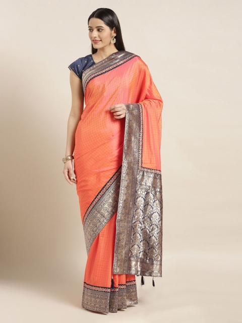 

Mitera Peach-Coloured Checked Poly Silk Saree, Orange