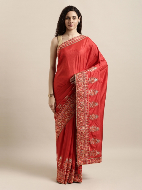 

Mitera Red Solid Poly Silk Saree