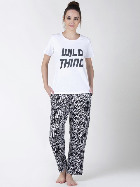 

ADORENITE Women White Slogan Detail Top with Zebra Print Pyjama Night suit