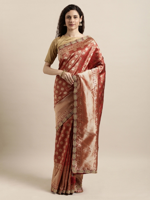 

Mitera Maroon & Gold-Toned Poly Silk Woven Design Banarasi Saree